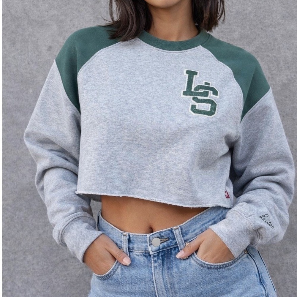 Levi's Womens Gray Green LS Logo Cropped Raglan Sweatshirt Size XS NWT